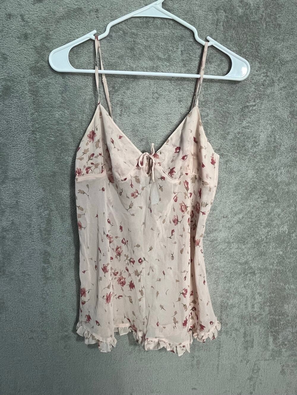VTG Y2K August Silk Babydoll Blouse Small Pink Sheer Rose Ruffles Coquette